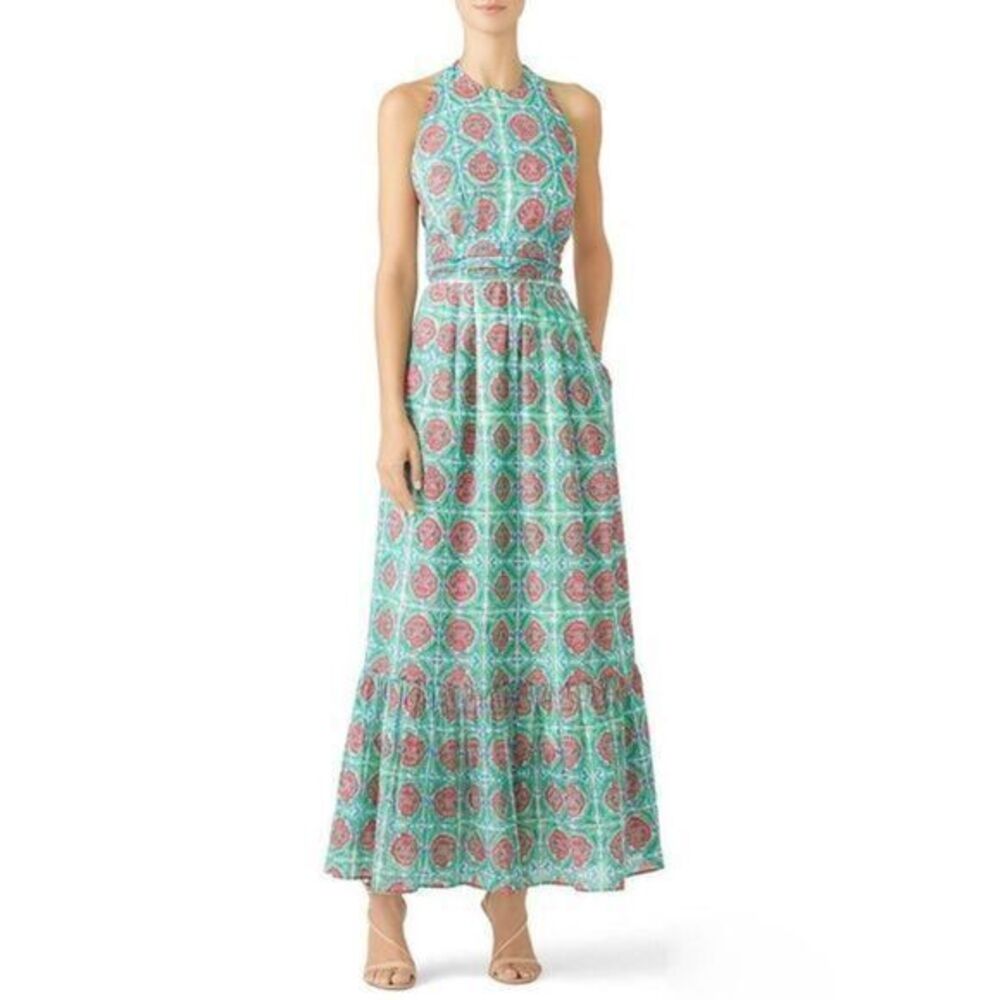 BANJANAN Green Printed Cotton Halter Geometric Pattern Maxi Dress MEDIUM